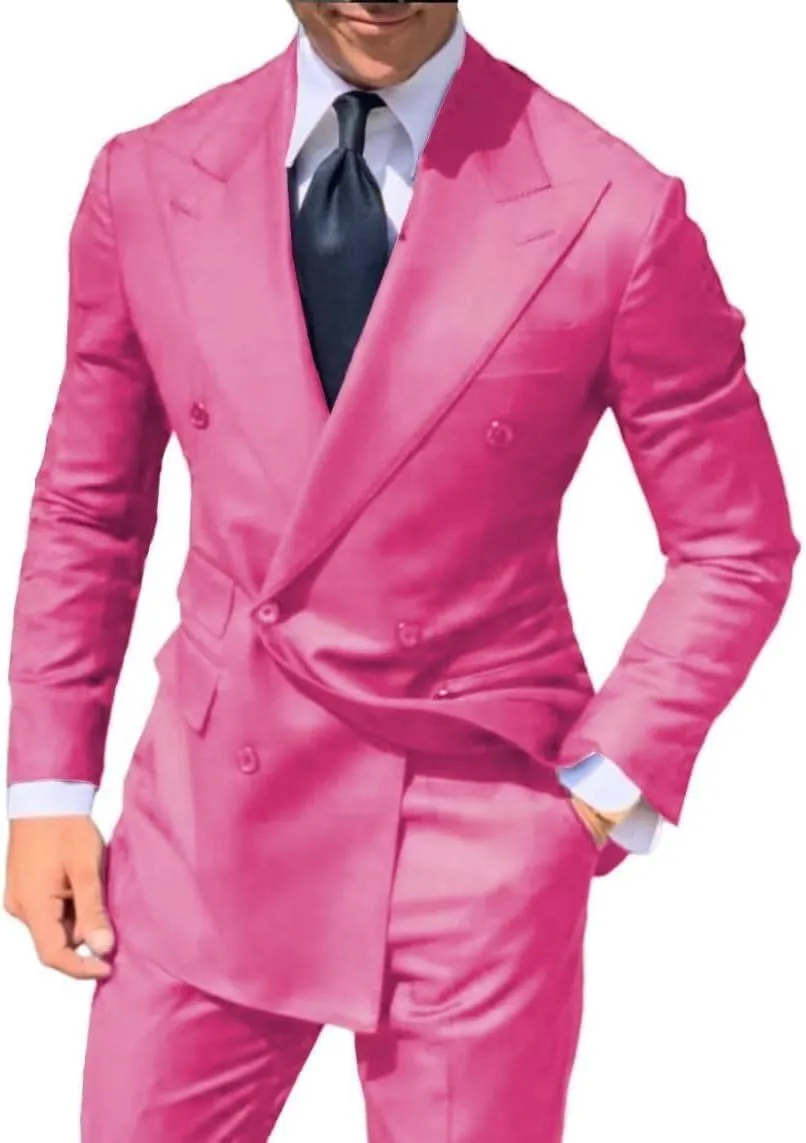 2 Piece Business Men's Slim Fit Suit Double Breasted Set Peak Lapel Formal Blazer Vest Pants Wedding Prom Suit