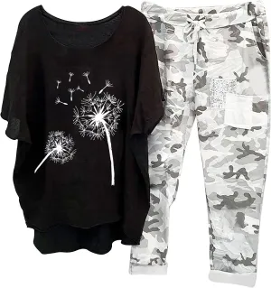 2 Piece Linen Set for Women Summer Outfits Plus Size Short Sleeve Graphic Tees Camo Pants Lounge Matching Sets