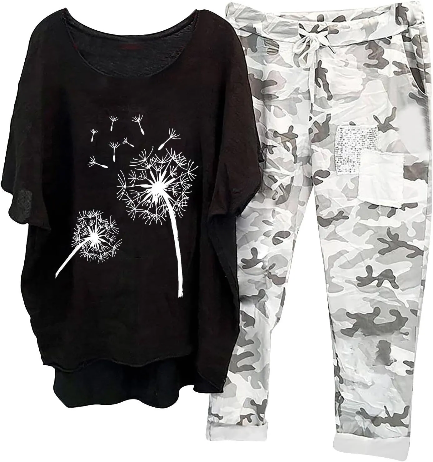 2 Piece Linen Set for Women Summer Outfits Plus Size Short Sleeve Graphic Tees Camo Pants Lounge Matching Sets