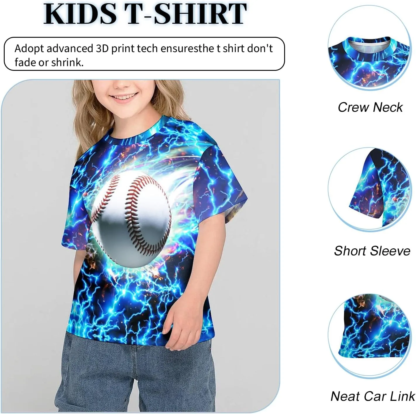 3D Graphic Kids T Shirt, Unisex Creative Print Crewneck Shirts, Boys Girls Short Sleeve Tees for 6-16 Years Teens