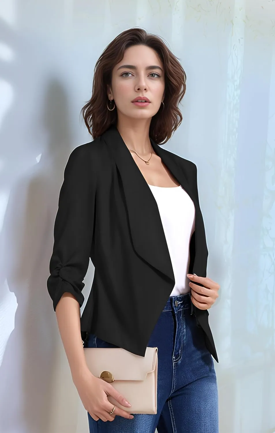 Anienaya Women's Silky Satin Lightweight Blazer 3/4 Ruched Sleeve Casual Cropped Open Front Cardigan