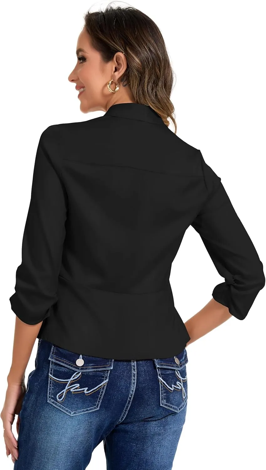 Anienaya Women's Silky Satin Lightweight Blazer 3/4 Ruched Sleeve Casual Cropped Open Front Cardigan