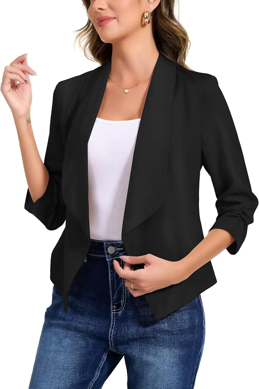 Anienaya Women's Silky Satin Lightweight Blazer 3/4 Ruched Sleeve Casual Cropped Open Front Cardigan