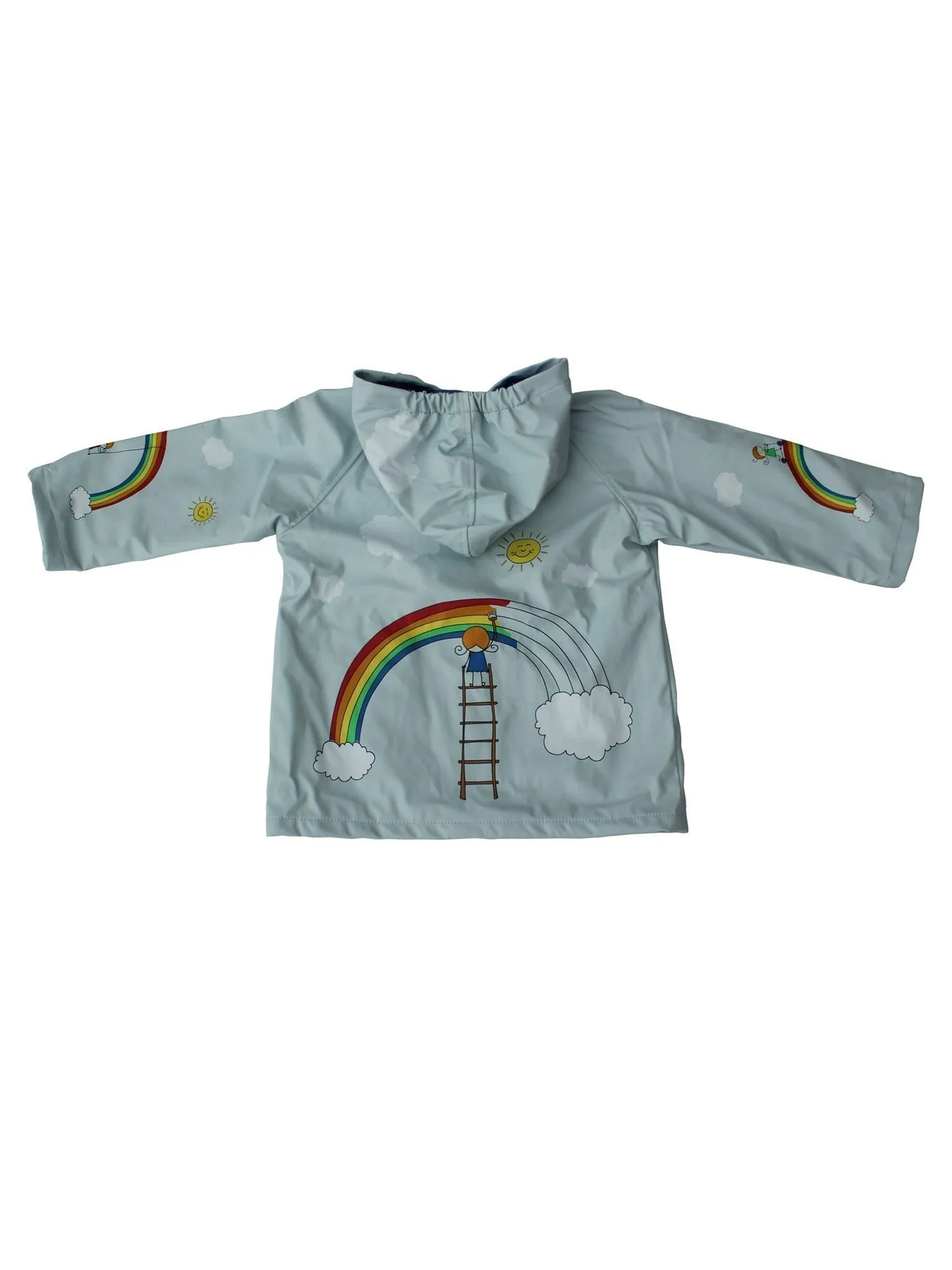 Big Girls Light Blue Multi Color Rainbow Print Hooded Rain Coat 8-10