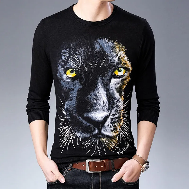 Big Tiger Head Print Pullover O Neck Casual Men Sweater