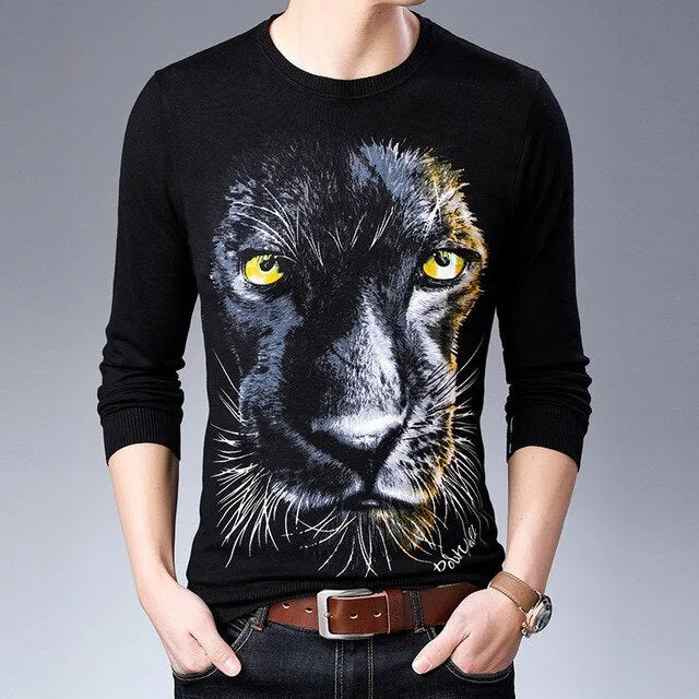 Big Tiger Head Print Pullover O Neck Casual Men Sweater