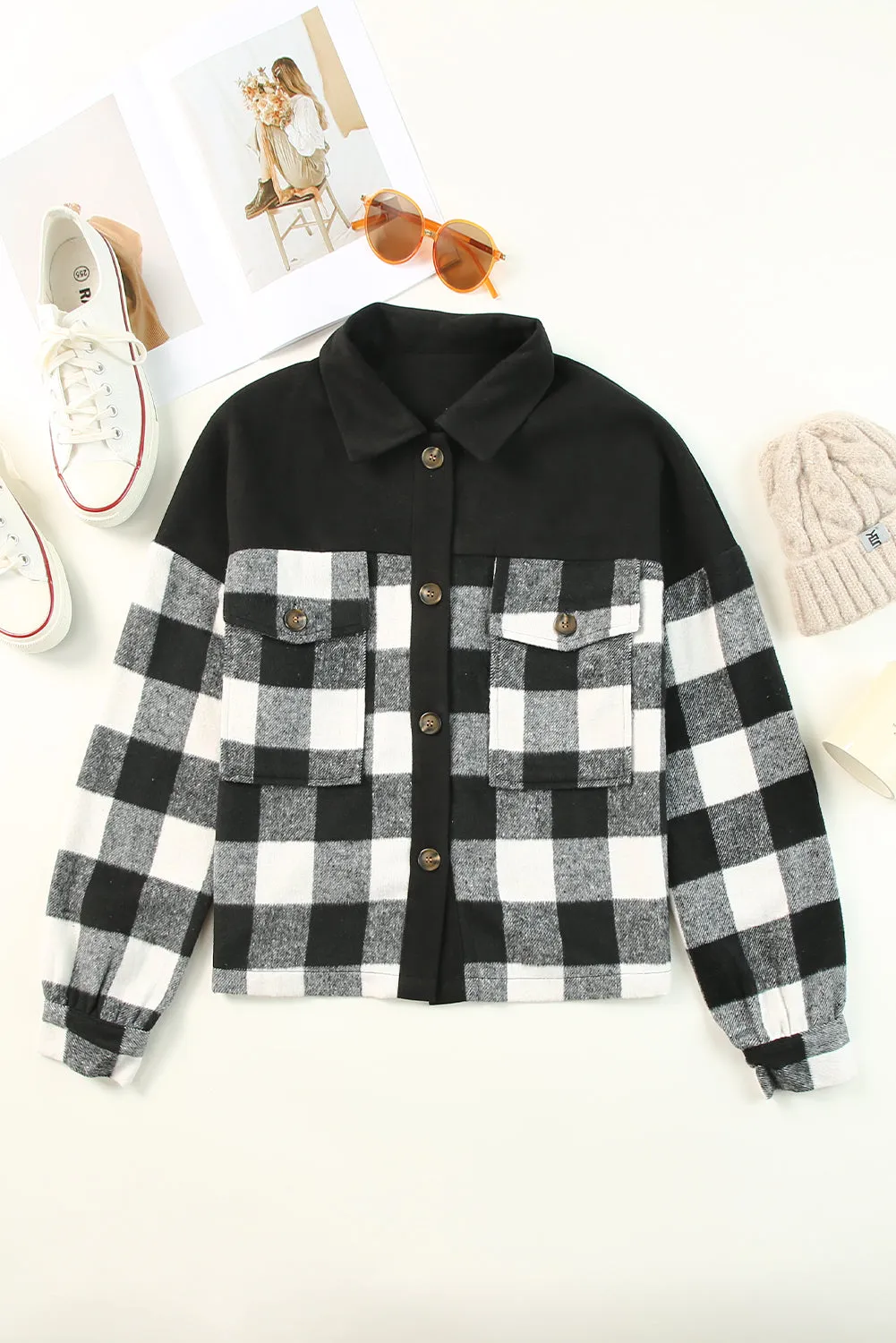 Black Plaid Patchwork Pockets Buttoned Shirt Jacket
