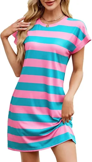 Borniu Womens Casual Summer Crewneck Short Sleeve Striped Color Block Patchwork Loose Breathable Mini Tshirt Shirt Dresses