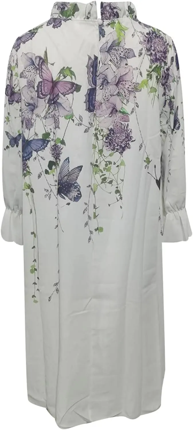 Casual Chiffon Mini Breathable Dresses Soft Women - Flower Long Sleeve Crew Neck Loose Ruffle Dress