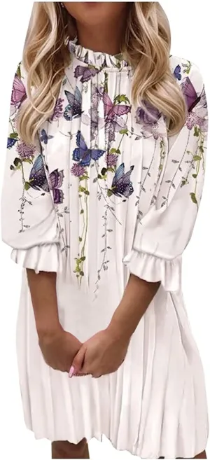 Casual Chiffon Mini Breathable Dresses Soft Women - Flower Long Sleeve Crew Neck Loose Ruffle Dress