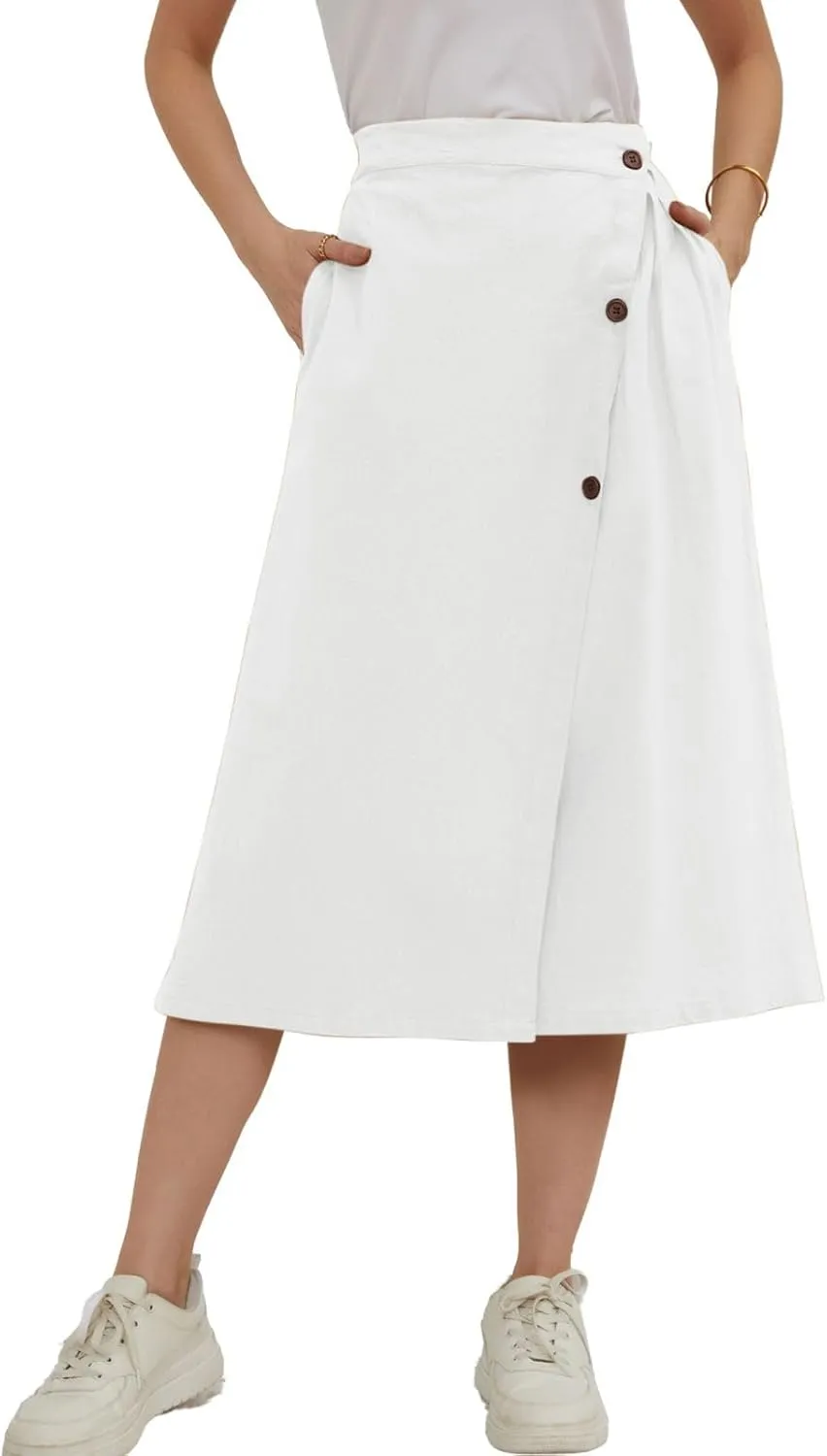 CHARTOU Women's Summer Linen Elastic Back Buttoned Swing Midi A Line Skirt