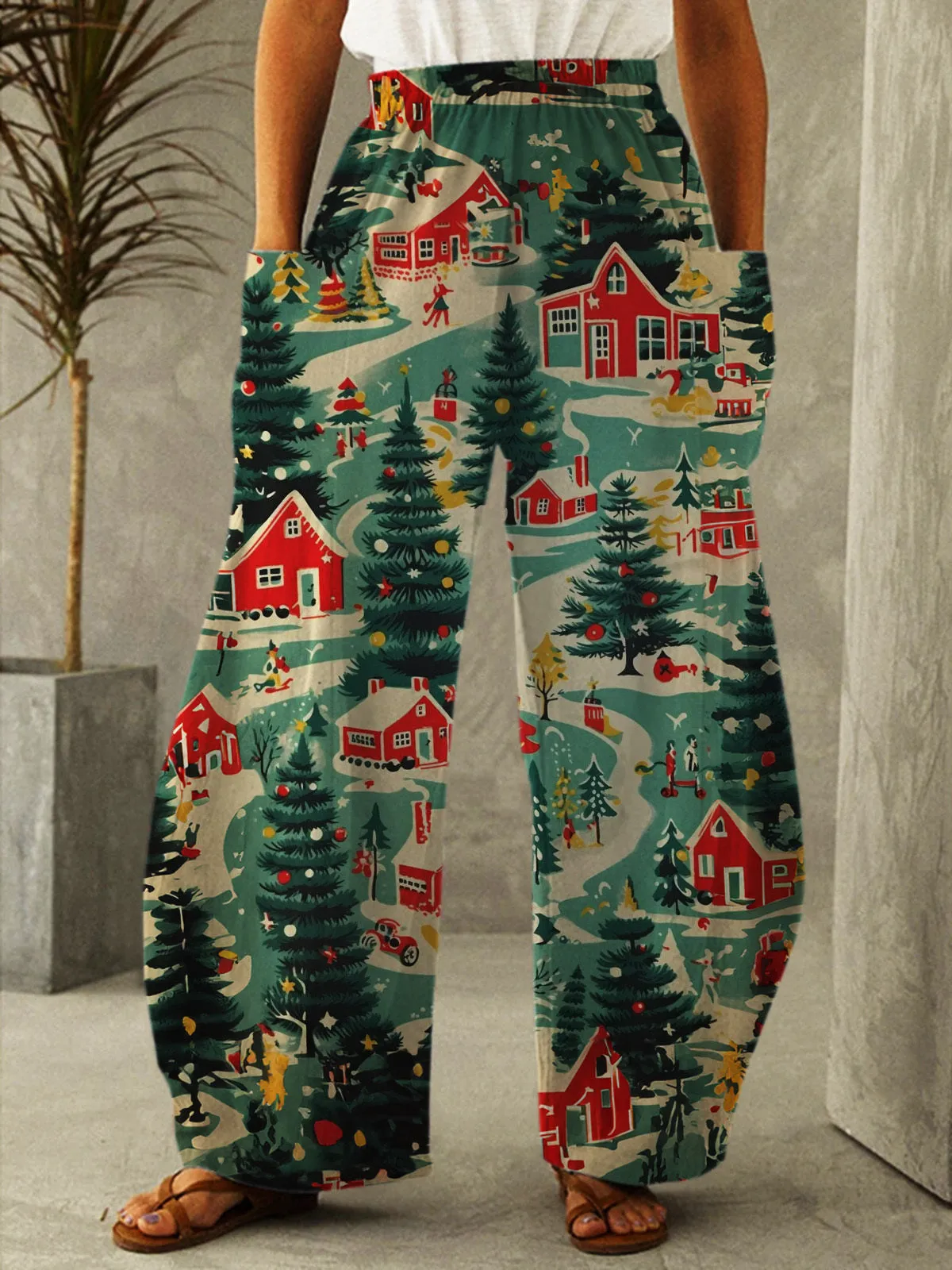 Christmas Tree Snow Scene Vintage Print Loose Trousers