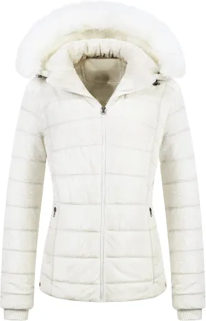 Chrisuno Women's Casual Short Winter Puffer Coat Soft Faux Fur Lining Lightweight Warm Jackets With Removable Hood