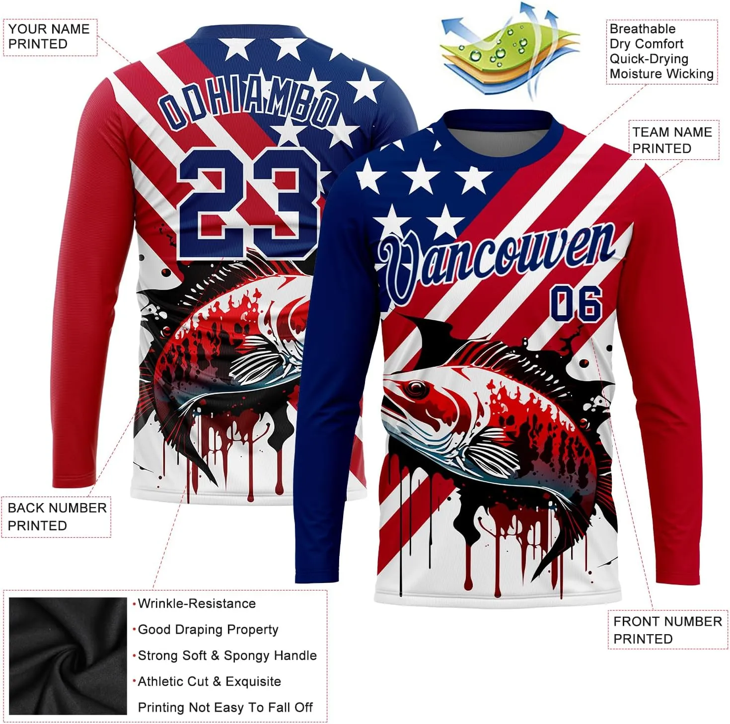 Custom Novelty Fishing Shirt for Men Teens, Long Sleeve Graphic Tees Football Jersey Tops Printed Name/Number