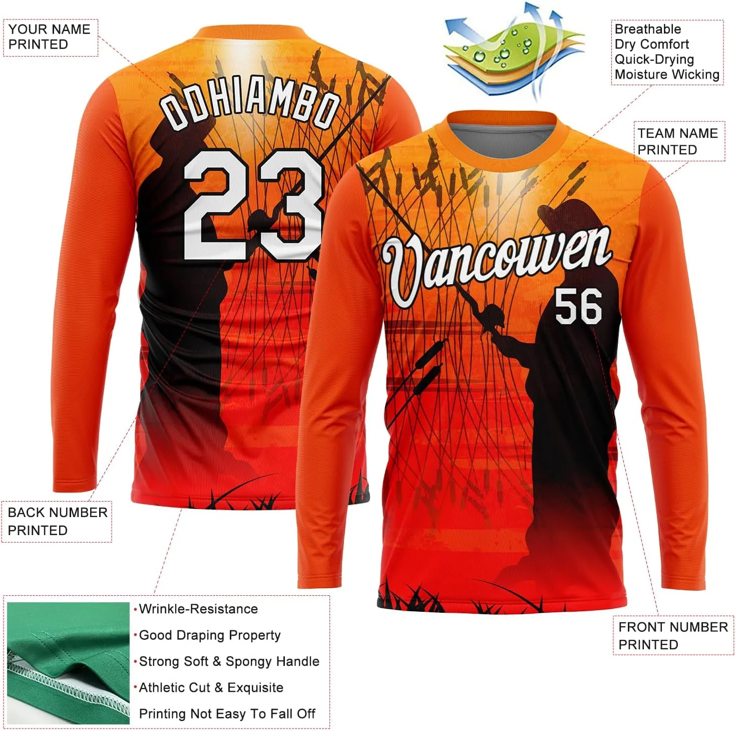 Custom Novelty Fishing Shirt for Men Teens, Long Sleeve Graphic Tees Football Jersey Tops Printed Name/Number