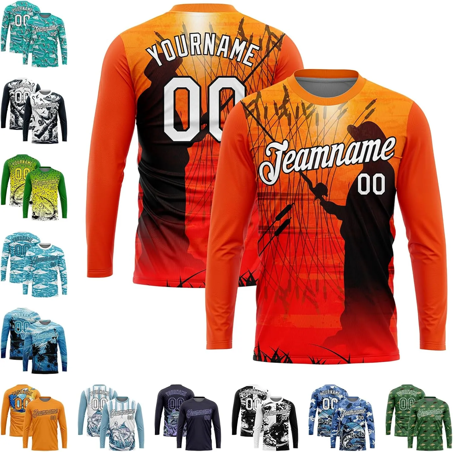 Custom Novelty Fishing Shirt for Men Teens, Long Sleeve Graphic Tees Football Jersey Tops Printed Name/Number