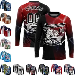 Custom Novelty Fishing Shirt for Men Teens, Long Sleeve Graphic Tees Football Jersey Tops Printed Name/Number