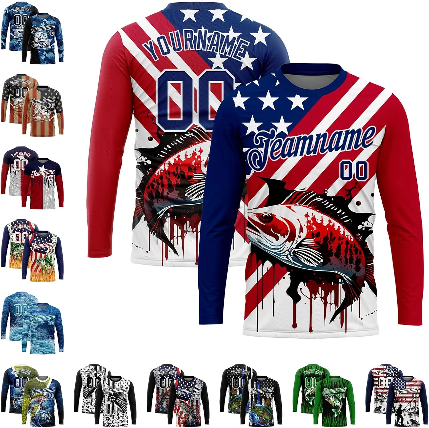 Custom Novelty Fishing Shirt for Men Teens, Long Sleeve Graphic Tees Football Jersey Tops Printed Name/Number