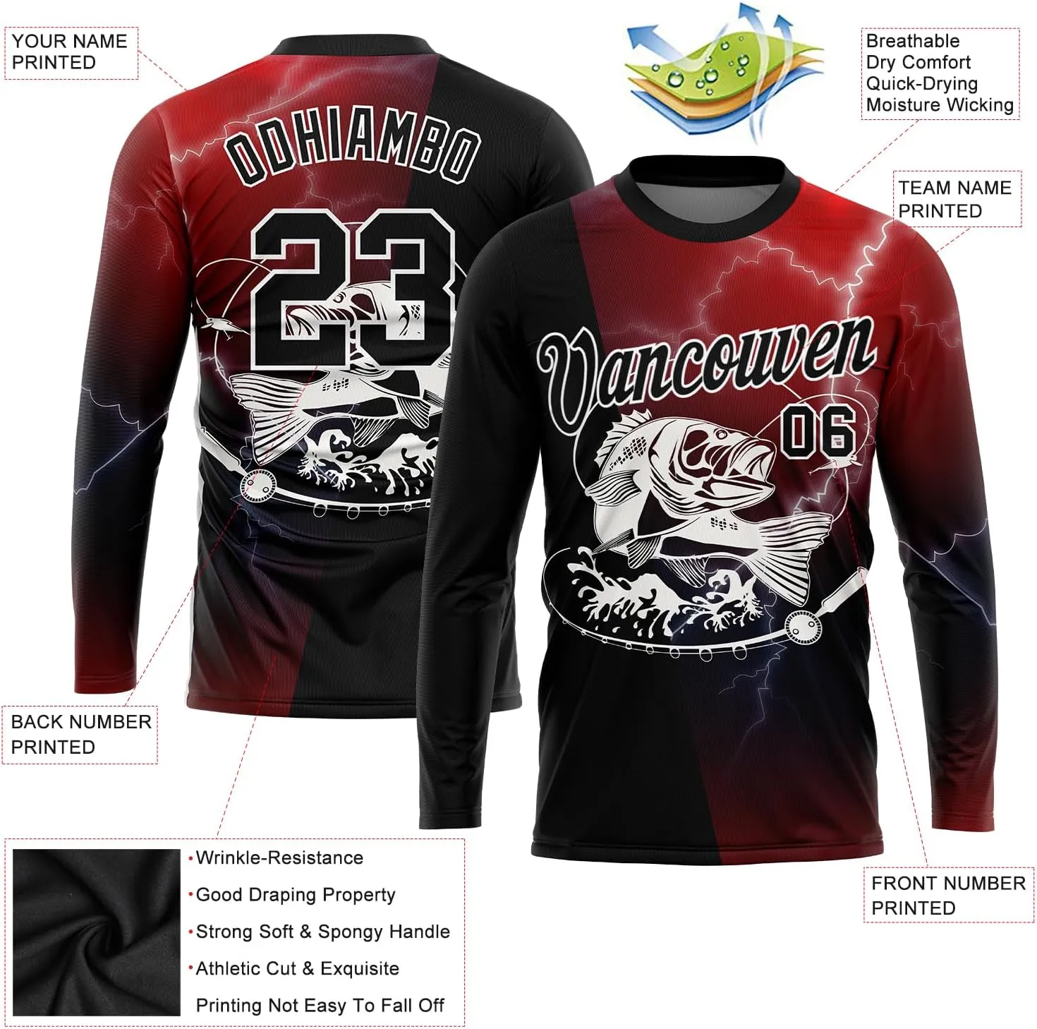 Custom Novelty Fishing Shirt for Men Teens, Long Sleeve Graphic Tees Football Jersey Tops Printed Name/Number