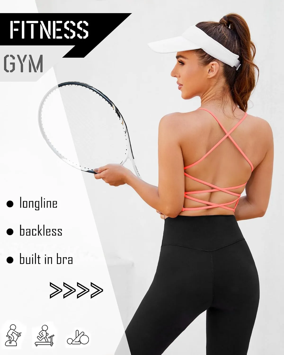 DaiLiWei Strappy Sports Bras for Women High Support Longline Open Back Workout Tops Padded Cross Yoga Crop Tank Built in Bra