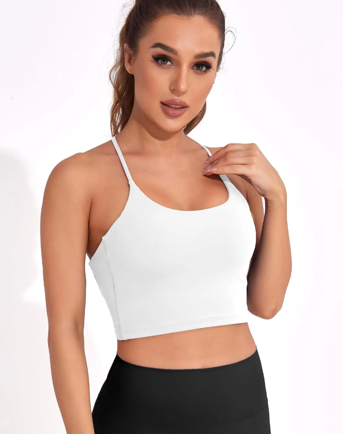 DaiLiWei Strappy Sports Bras for Women High Support Longline Open Back Workout Tops Padded Cross Yoga Crop Tank Built in Bra