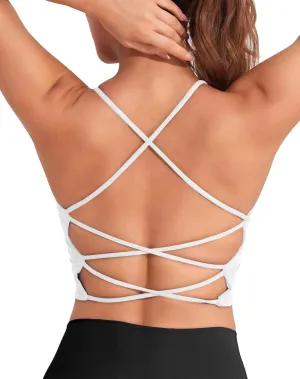 DaiLiWei Strappy Sports Bras for Women High Support Longline Open Back Workout Tops Padded Cross Yoga Crop Tank Built in Bra