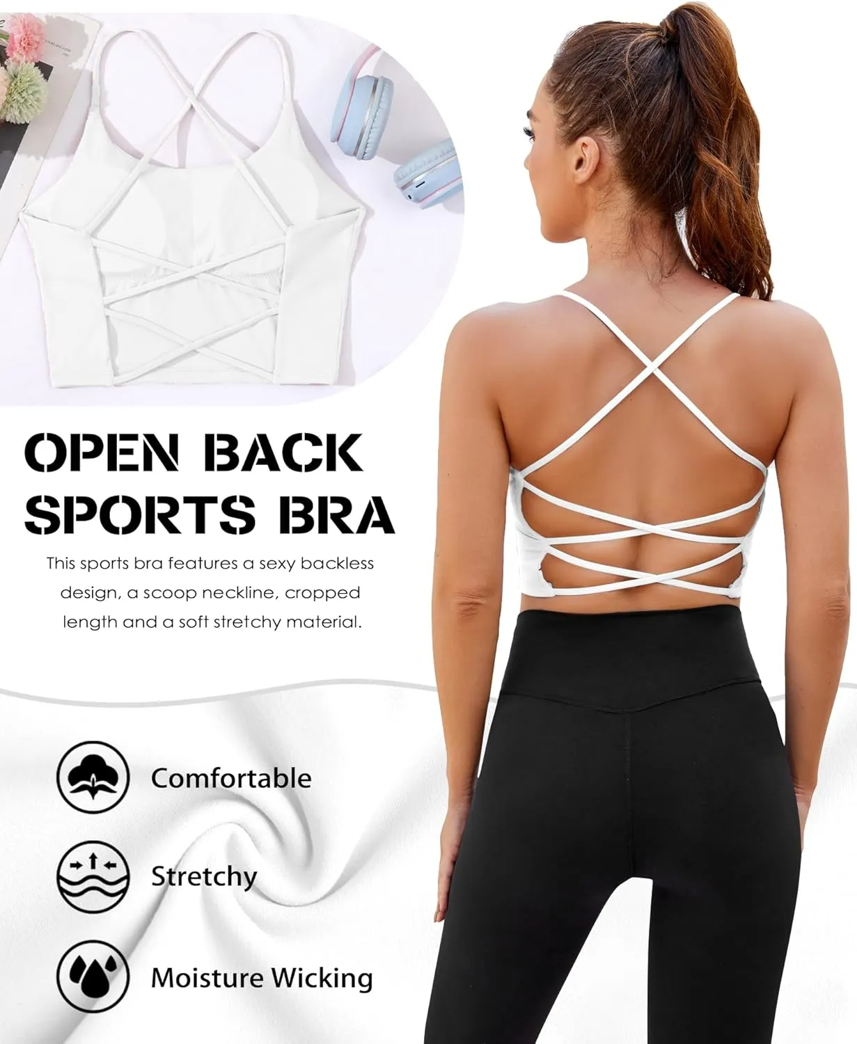 DaiLiWei Strappy Sports Bras for Women High Support Longline Open Back Workout Tops Padded Cross Yoga Crop Tank Built in Bra