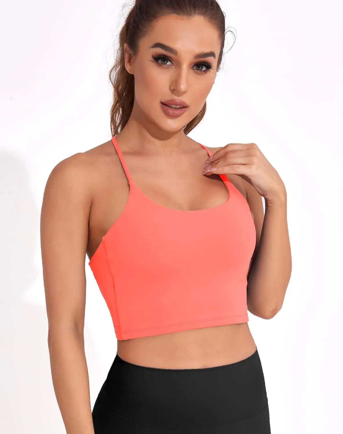 DaiLiWei Strappy Sports Bras for Women High Support Longline Open Back Workout Tops Padded Cross Yoga Crop Tank Built in Bra