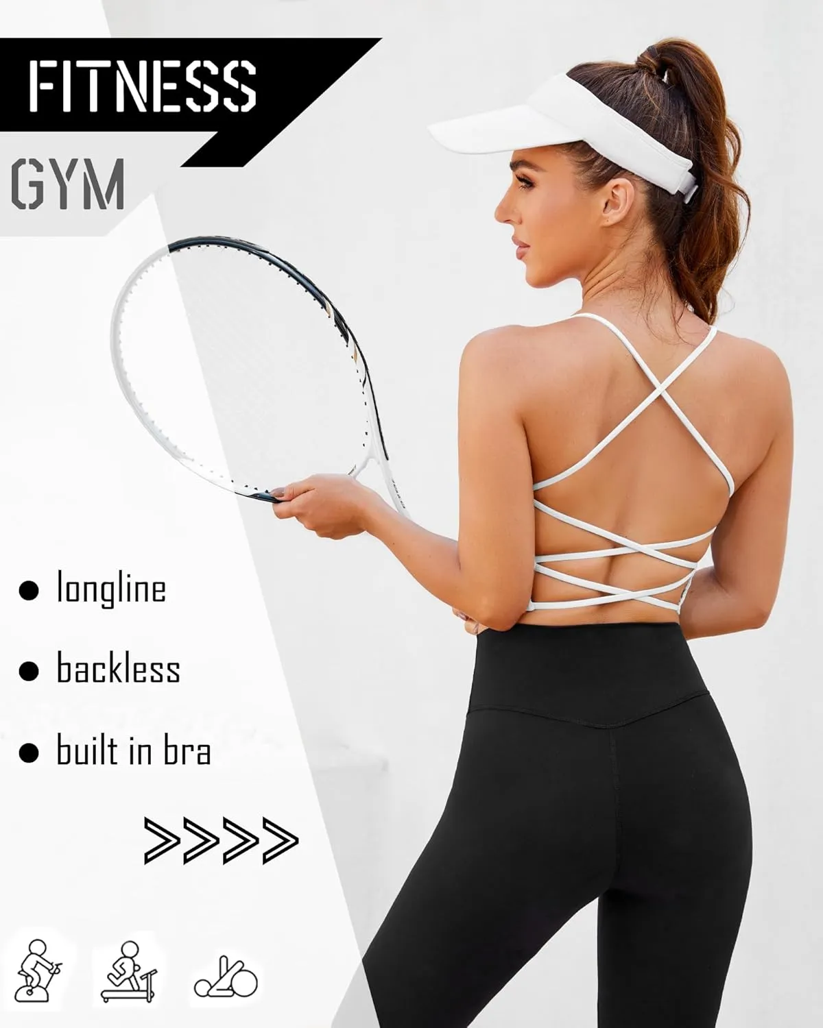 DaiLiWei Strappy Sports Bras for Women High Support Longline Open Back Workout Tops Padded Cross Yoga Crop Tank Built in Bra