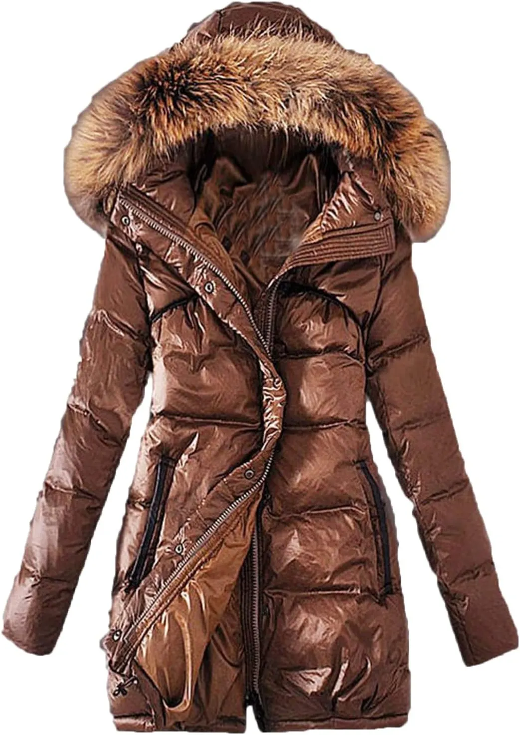 DGHM-JLMY Women's Long Slim Down Cotton-Padded Jacket Winter Hooded Coat Thicken Puffer Parka with Faux Fur Trim Hood
