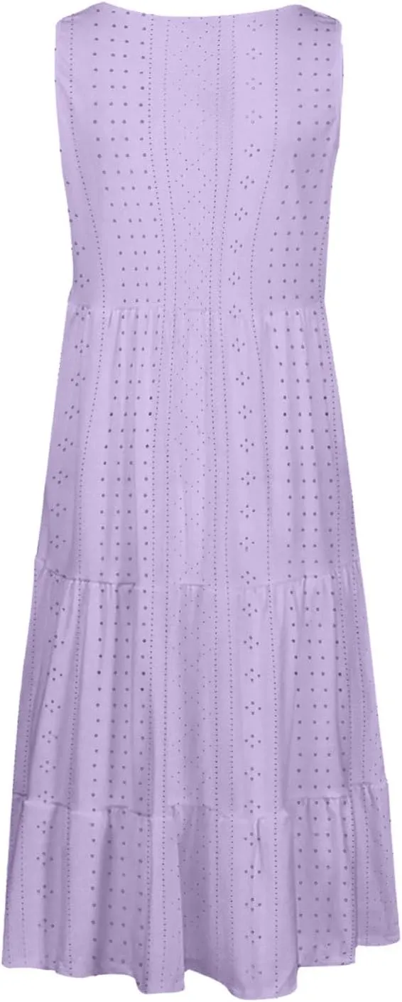 Dresses for Women Summer Casual Hollow Out Breathable Beach Sundresses Loose Fit Sleeveless Round Neck Vacation Dress