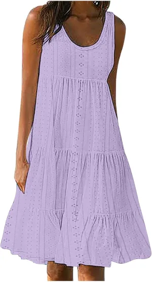 Dresses for Women Summer Casual Hollow Out Breathable Beach Sundresses Loose Fit Sleeveless Round Neck Vacation Dress