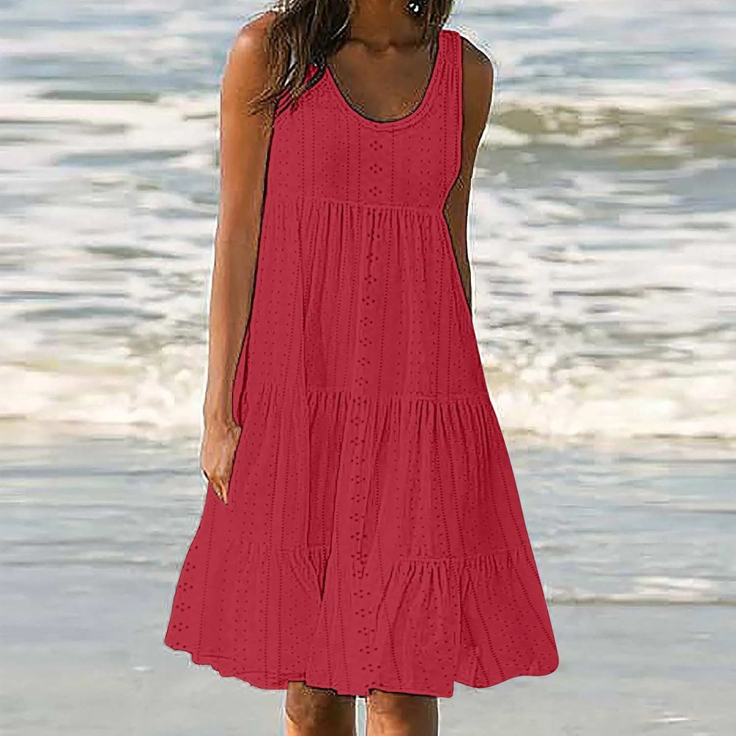 Dresses for Women Summer Casual Hollow Out Breathable Beach Sundresses Loose Fit Sleeveless Round Neck Vacation Dress