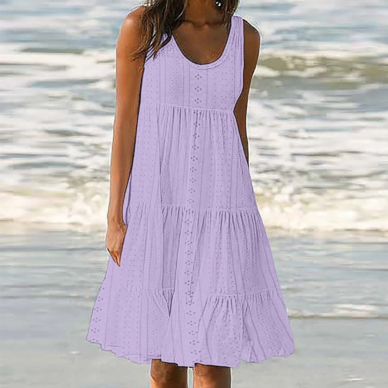 Dresses for Women Summer Casual Hollow Out Breathable Beach Sundresses Loose Fit Sleeveless Round Neck Vacation Dress