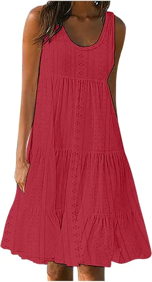 Dresses for Women Summer Casual Hollow Out Breathable Beach Sundresses Loose Fit Sleeveless Round Neck Vacation Dress