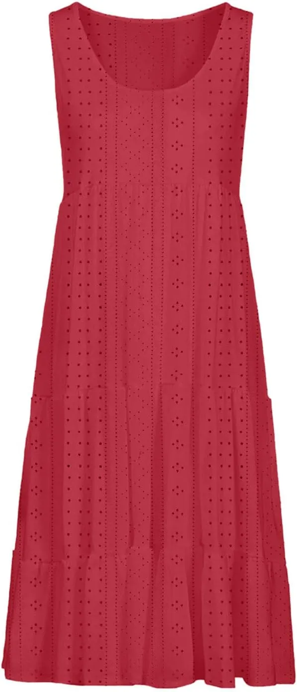 Dresses for Women Summer Casual Hollow Out Breathable Beach Sundresses Loose Fit Sleeveless Round Neck Vacation Dress