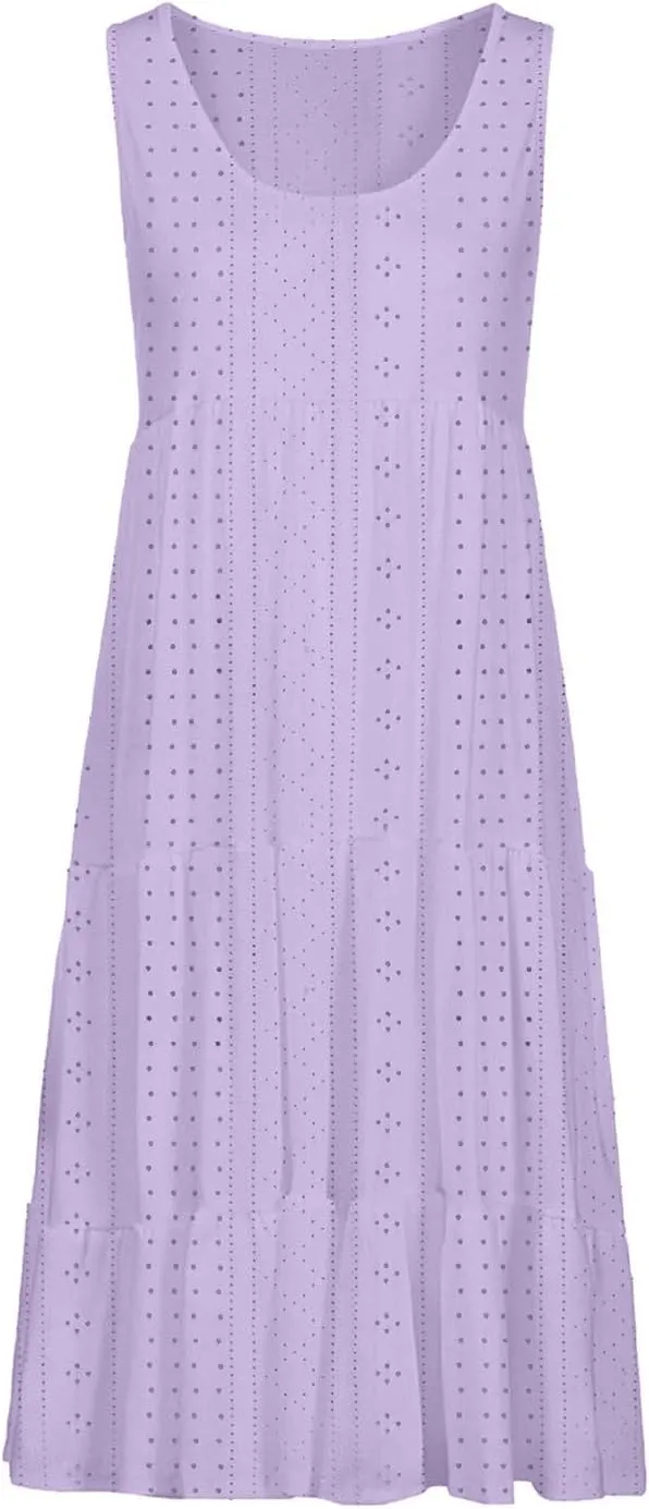 Dresses for Women Summer Casual Hollow Out Breathable Beach Sundresses Loose Fit Sleeveless Round Neck Vacation Dress