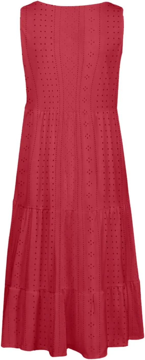 Dresses for Women Summer Casual Hollow Out Breathable Beach Sundresses Loose Fit Sleeveless Round Neck Vacation Dress