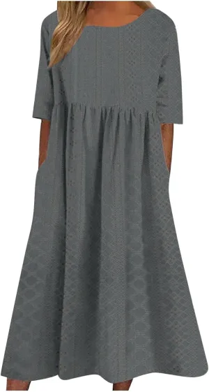 Eyelet Sundress for Women Hollow Out Embroidery & Breathable O-Neck Beach Dress Casual Midi Dress with Pockets