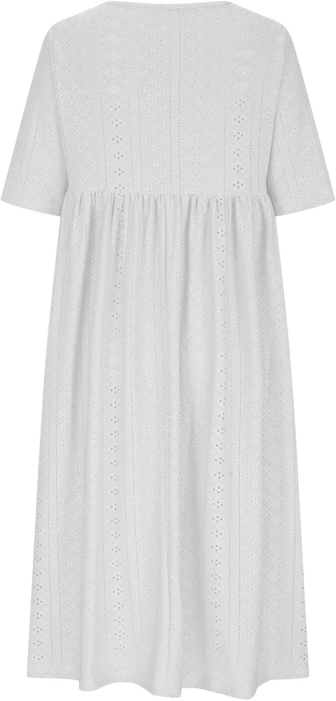 Eyelet Sundress for Women Hollow Out Embroidery & Breathable O-Neck Beach Dress Casual Midi Dress with Pockets