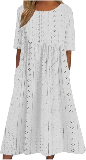 Eyelet Sundress for Women Hollow Out Embroidery & Breathable O-Neck Beach Dress Casual Midi Dress with Pockets