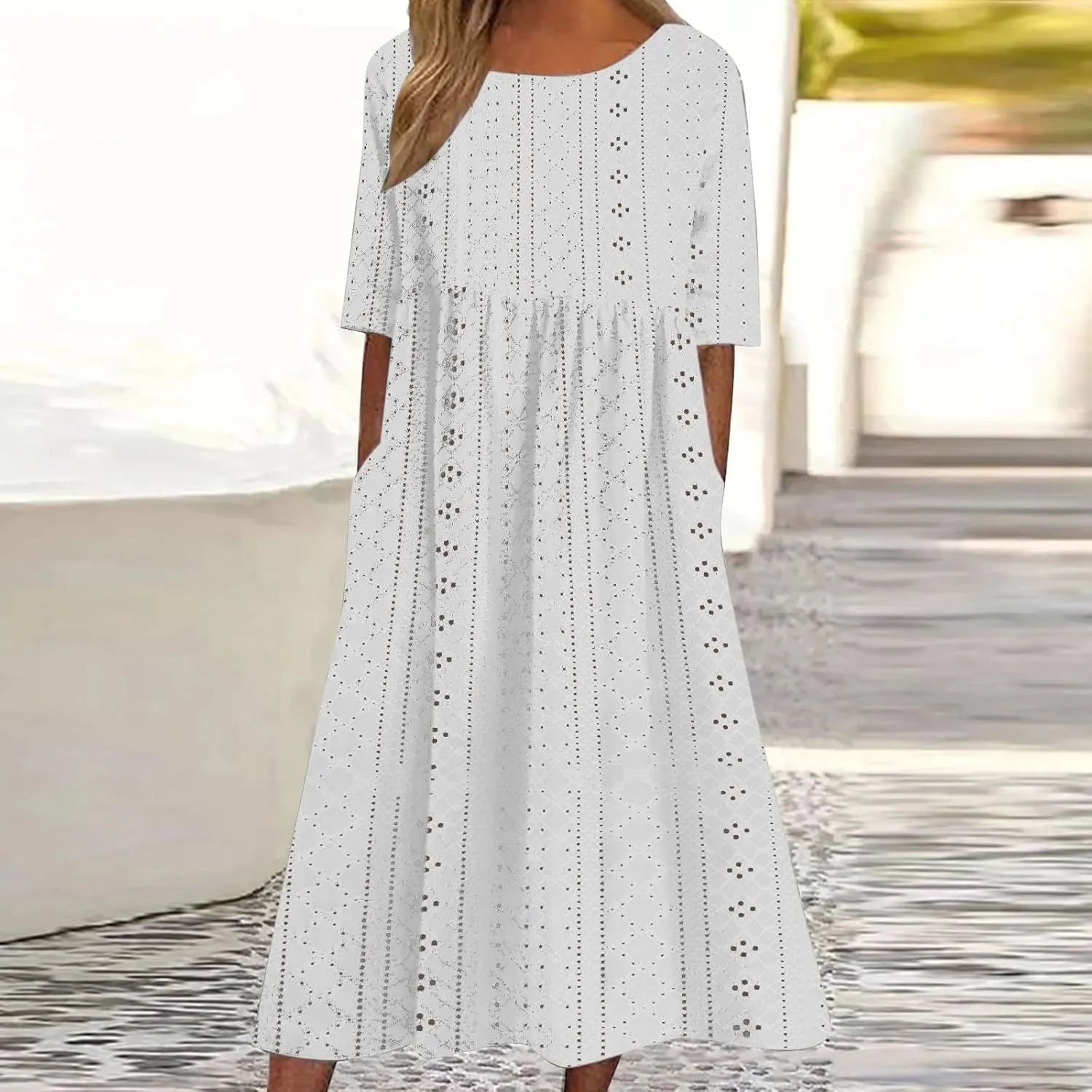 Eyelet Sundress for Women Hollow Out Embroidery & Breathable O-Neck Beach Dress Casual Midi Dress with Pockets