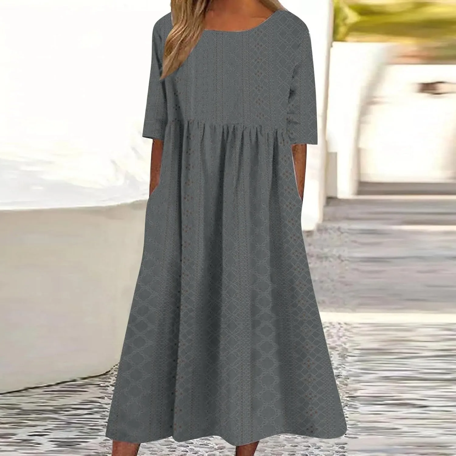 Eyelet Sundress for Women Hollow Out Embroidery & Breathable O-Neck Beach Dress Casual Midi Dress with Pockets