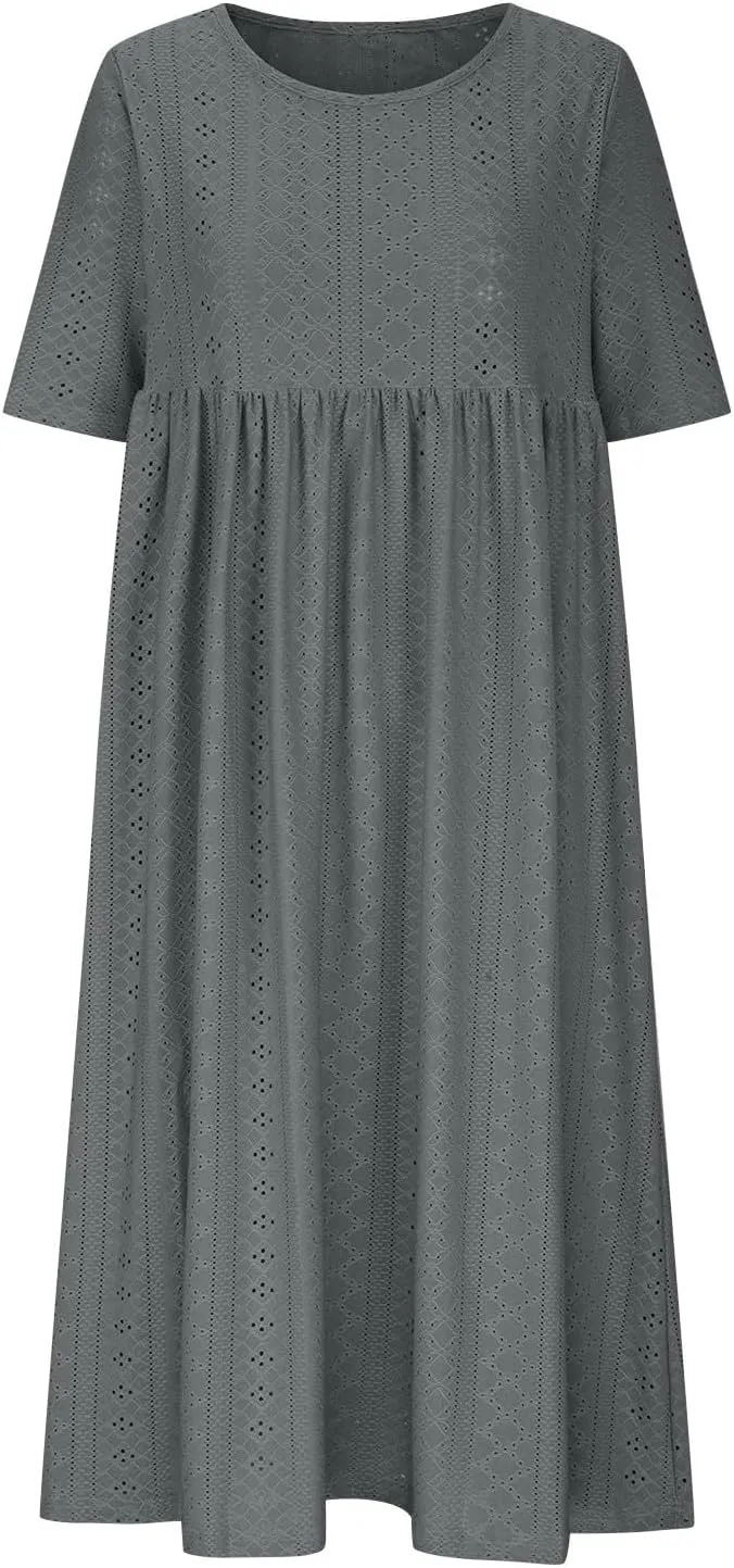 Eyelet Sundress for Women Hollow Out Embroidery & Breathable O-Neck Beach Dress Casual Midi Dress with Pockets