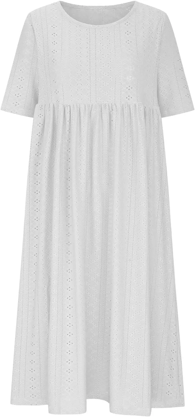 Eyelet Sundress for Women Hollow Out Embroidery & Breathable O-Neck Beach Dress Casual Midi Dress with Pockets