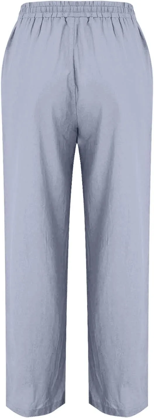Flowy Linen Pants for Women Casual Solid Color Straight Leg Pants Summer Comfort Drawstring Trousers 2025
