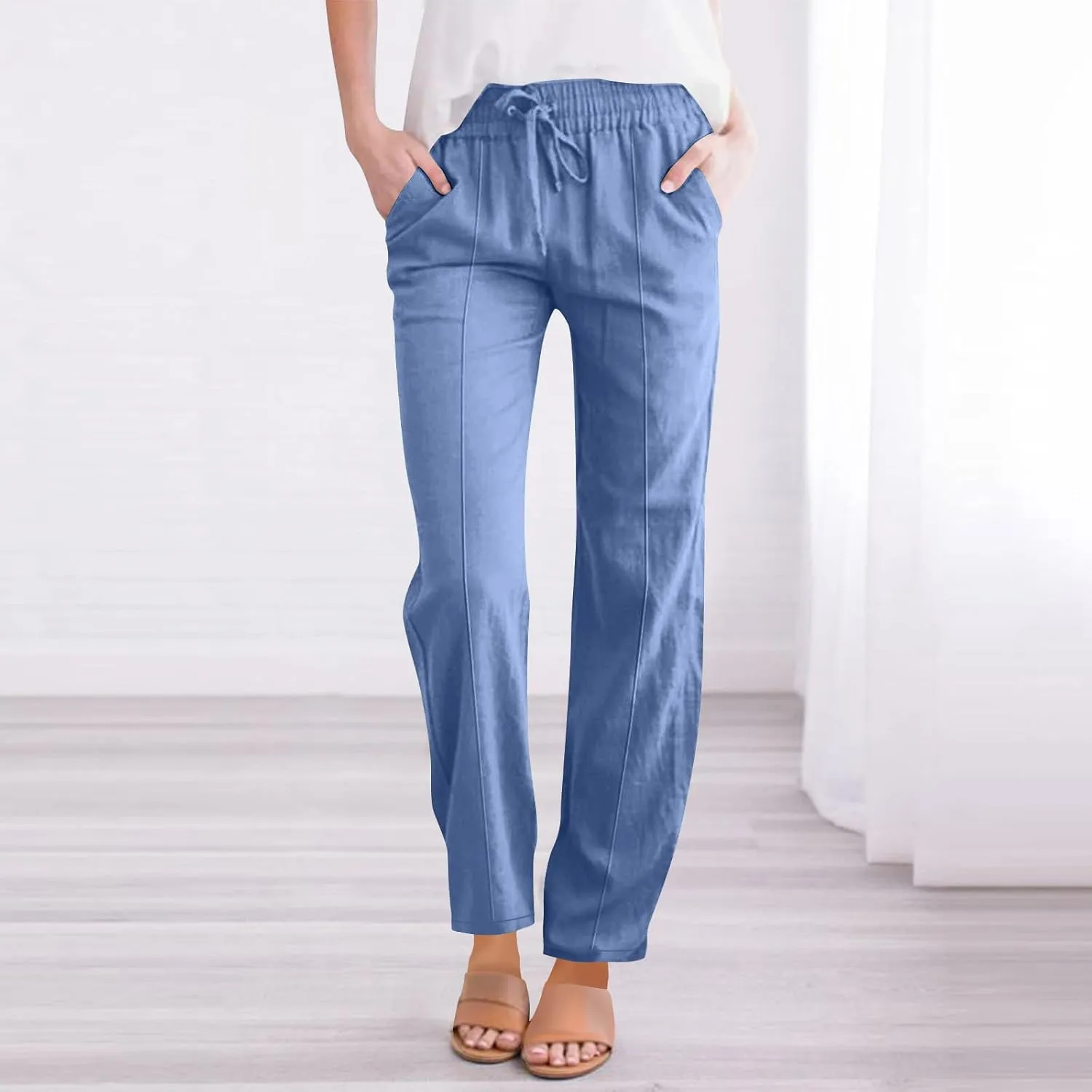 Flowy Linen Pants for Women Casual Solid Color Straight Leg Pants Summer Comfort Drawstring Trousers 2025