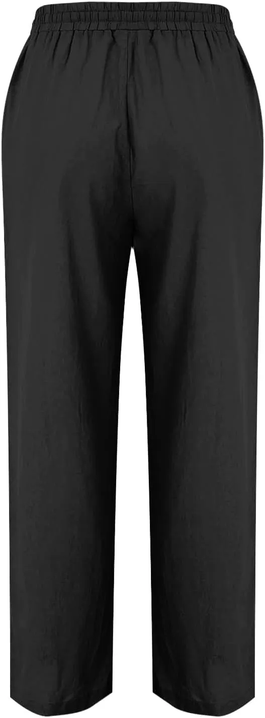 Flowy Linen Pants for Women Casual Solid Color Straight Leg Pants Summer Comfort Drawstring Trousers 2025