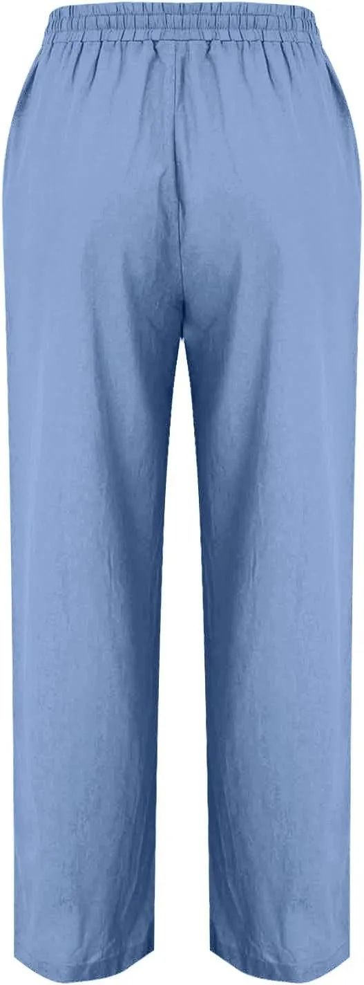 Flowy Linen Pants for Women Casual Solid Color Straight Leg Pants Summer Comfort Drawstring Trousers 2025