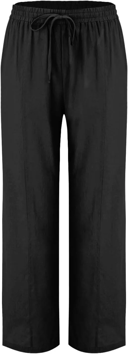 Flowy Linen Pants for Women Casual Solid Color Straight Leg Pants Summer Comfort Drawstring Trousers 2025